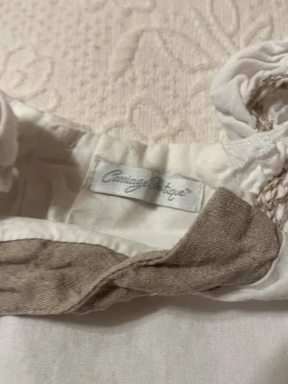 Carriage Boutique White and Taupe Linen Baby One-Piece
